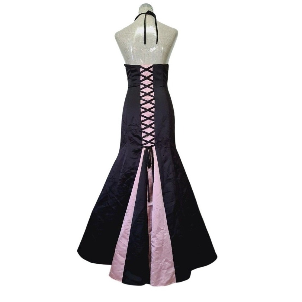 Vintage 90s Scott McClintock Black Satin Halter Mermaid Gown Pink Corset Lace Up